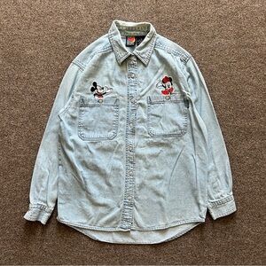 Vintage 90s Disney Mickey Minnie Mouse Embroidered Denim Button Up Shirt Women S